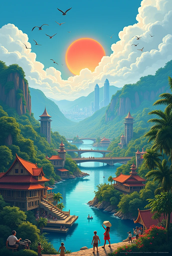 create a poster design entitled "NUSANTARA BARU INDONESIA MAJU" with a blue sky and green background with mountains, tall buildings, new and modern toll roads or bridges, Indonesian diversity such as dances, traditional houses, tribes, united racial and religious differences, traditional food. and its iconic animals
