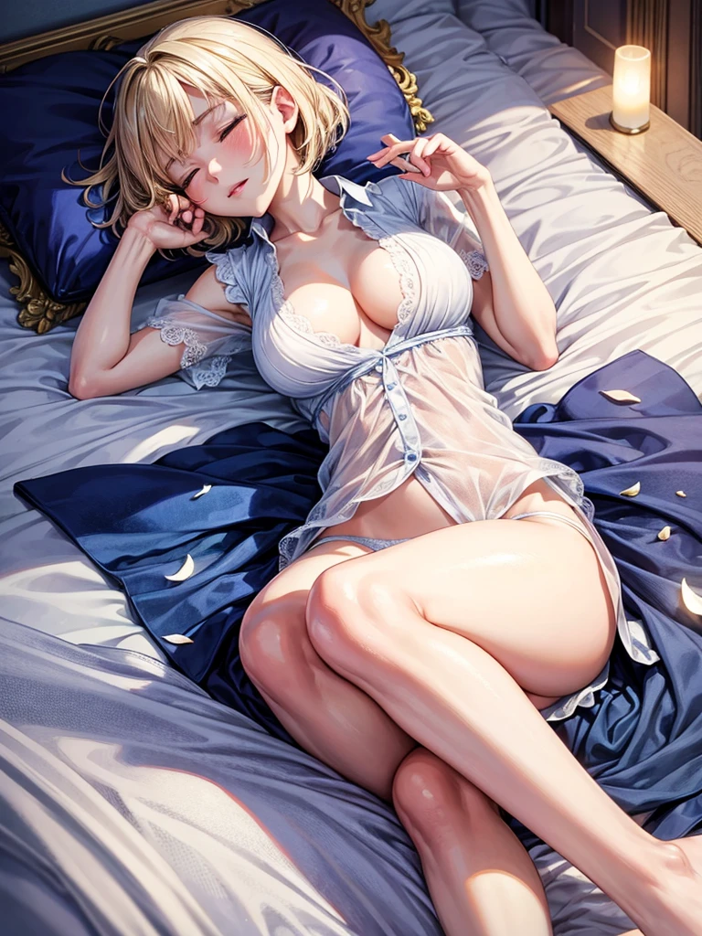 Anime style, super fine illustration, highly detailed, beautiful detailed, pale tone image, static representation, gentle expression, 8k, pretty 1girl with blonde straight short hair & blue eyes & a bright smile & full bust & soft fair skin is sleeping that closed eyes with the underwear under the over-sized white business shirt on the bed in the romantic room, She is sleeping, in the night time, in the brilliant particles of lights, romantic stories, solo, perfect 5fingers, perfect arms, perfect legs, masterpiece.