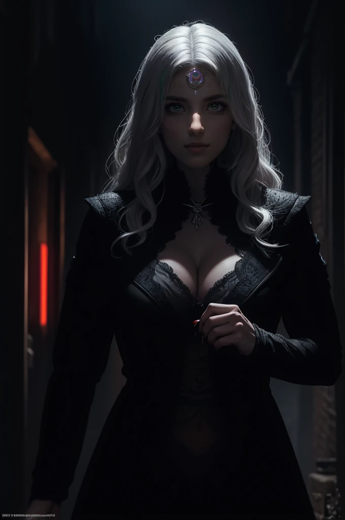 (masterpiece, absurdres, highres, ultra detailed), 1woman, wavy white hair, adult, black eyes, focus,handsome face, yennefer the witcher, charming, detailed eyes and face, angry expression,background (hell),centered ultra-detailed, sensual vampire lurking in the shadows, partial view from shadows, underground dark and mysterious atmosphere fog brick wall in the background ,old magazine cover comic book style blank space for text on left corner,,ominous neon casting shadows,ferocious expression of the vampire,sharp fangs and glowing red eyes, details,vampire wearing tattered clothes, sharp claws protruding from its hands,strong and muscular build of the creature, weathered texture and vintage look of the magazine cover,authentic illustrations capturing the essence of Halloween,stunning contrast between light and darkness,vibrant colors to bring out the eerie feel,ominous color tone adding to the suspenseful atmosphere,horrifying and captivating artwork reminiscent of classic horror films,