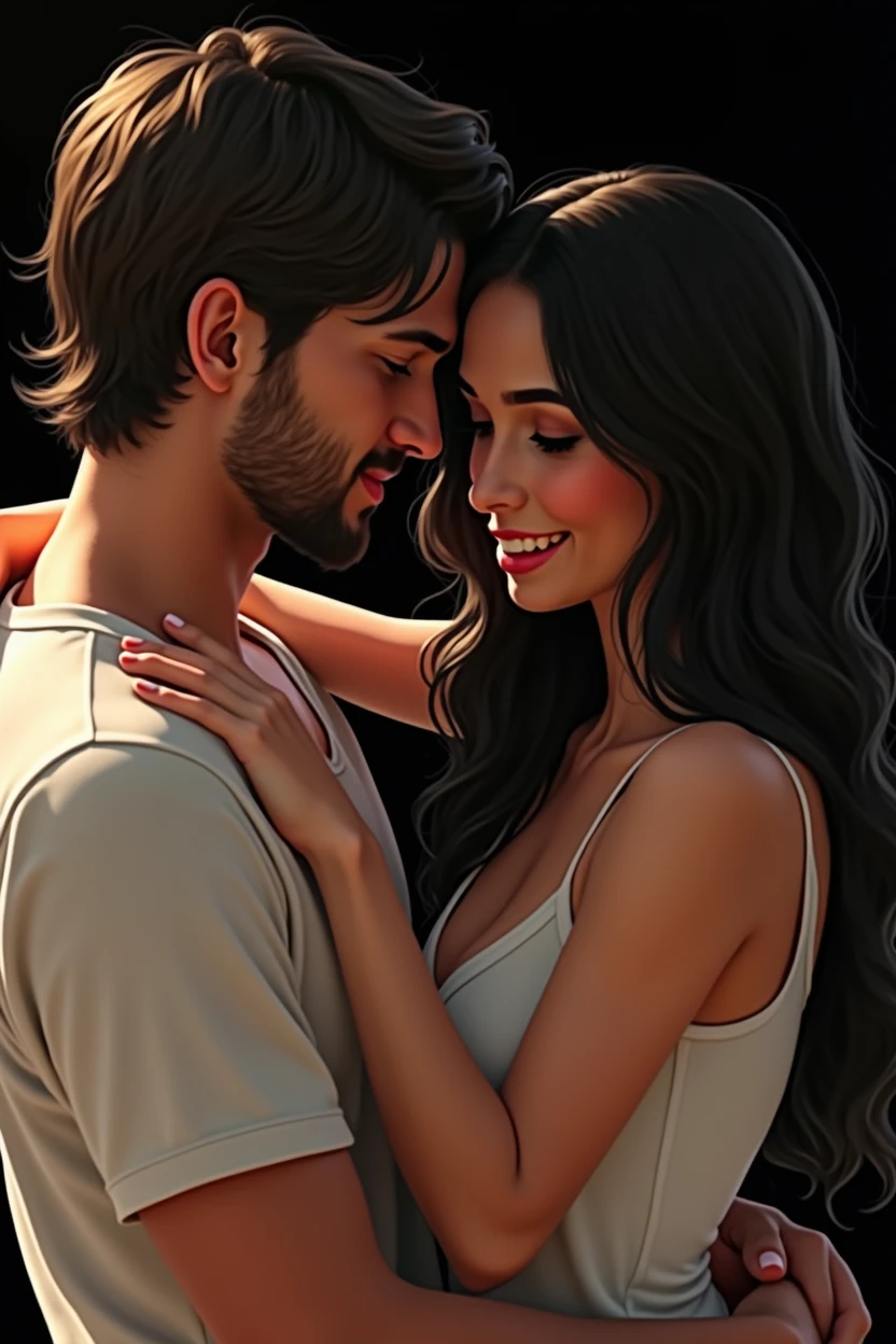 Realistic; Create an image of a couple with the man holding the woman on his lap, both with the same physical characteristics as the reference image