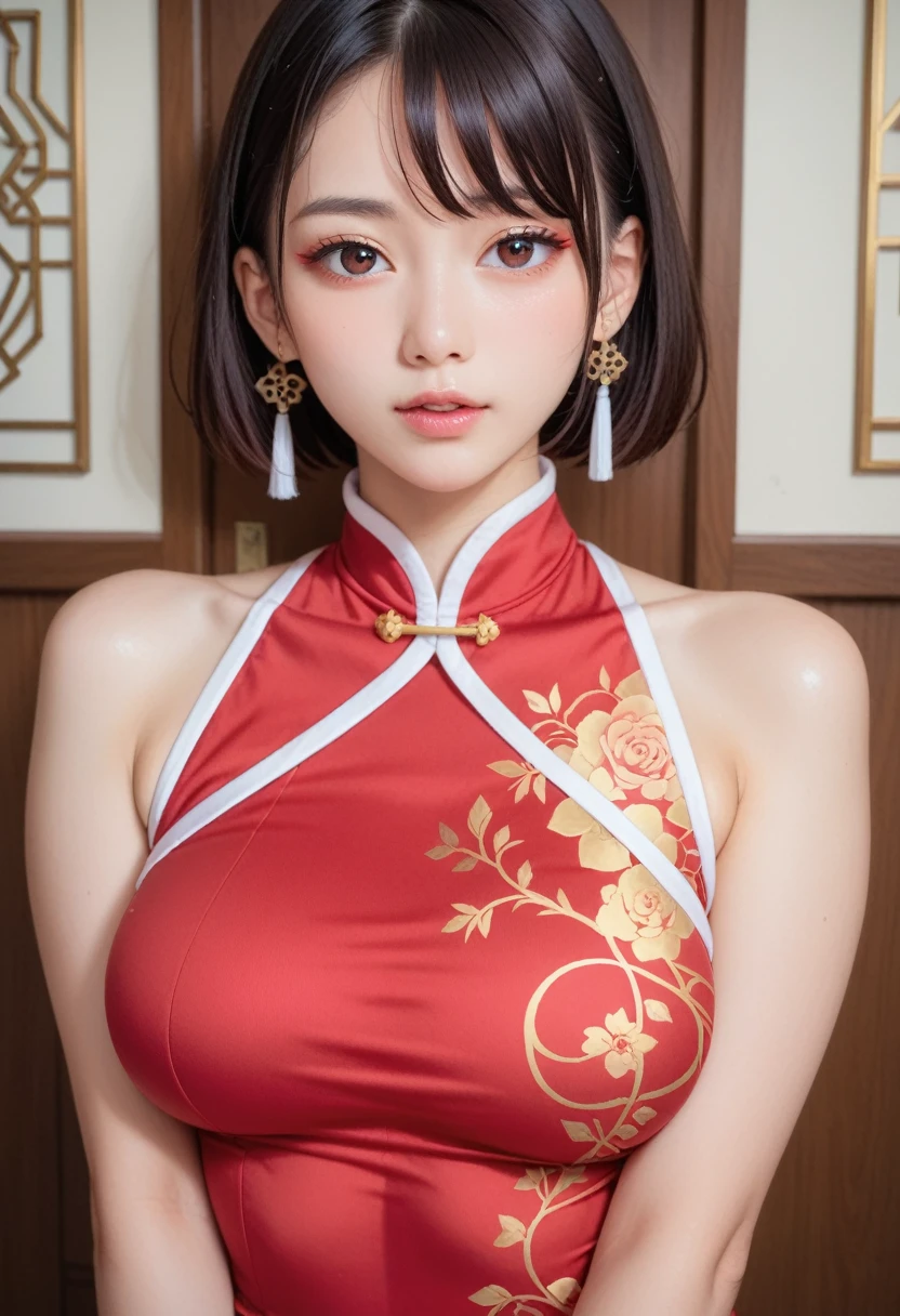 score_9,score_8_up,score_7_up,(pastel-color),(high brightness colors),1 girl,solo,(8k, masterpiece, ultra-detailed, best quality, ultra high res, newest, very aesthetic, absurdres, illustration, perfect composition),(hires),looking at viewer,black hair,shiny skin,fair skin,(upper body:1.5),Cute 20-year-old Japanese girl, wearing a tight red cheongsam, emphasizing her curvy body, beautiful Chinese-style interior background