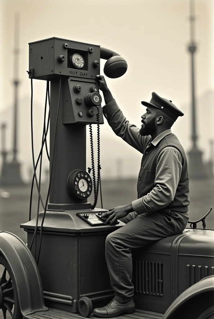 Generate an image of old telephone system in the beginning of discovered of telephone, man installing a large telephone system in a car
