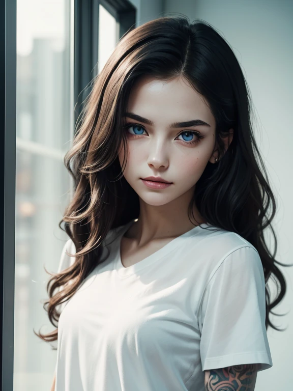 a young woman with long dark wavy hair delicately framing her angelic face. Her dark brown strands fall in curls. Her appearance conveys fragility and a delicacy that captures the attention of everyone around her. Emma's eyes are a striking ice blue, reflecting a depth of emotions and intensity. Each of her gazes seems to tell a story. Her posture is confident. She has pale skin, and small fragile features as she smirks. Her eyebrows are thin. Her lips are thin. She has tattoos. She looks dangerous and smart.

She is in a stark white room with no windows. She is wearing a black shirt.