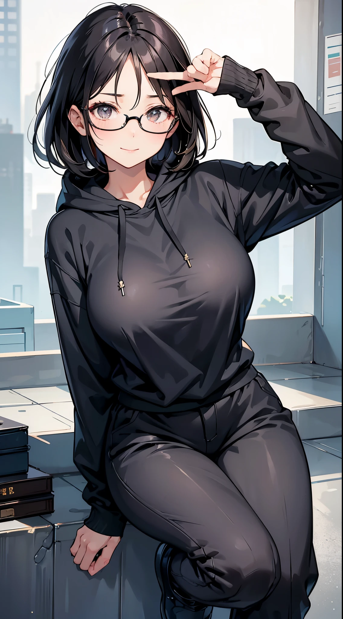 Black hair，Black hair，Brunette female，Mature，Full figure，Glasses，黑框Glasses，Big breasts，Conservative clothing，Full body clothing，Grey top，灰色Hoodie，Hoodie，Black trousers，Tight trousers，cute，Smile，Close-up above the waist，Close-up above the waist，Outdoor Background，室外背景Close-up above the waist，Wide crotch，Thick thighs，Fleshy thighs