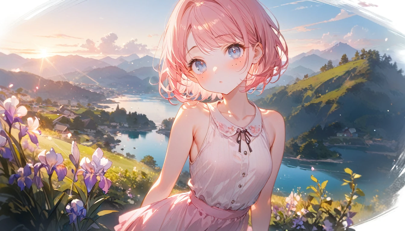 (1 girl),(Best Picture Quality, 8K, Masterpiece:1.3),(watercolor style), (soft blending:1.2), fluid colors, dreamy washes, delicate textures, organic shapes, atmospheric depth, (high school student:1.5), ((pink lob hair:1.1)), (bob cut),(swept bangs), (cute eyes, pupil black, iris skyblue, youthful face), (mole under right eye), (standard weight), (small breasts),(big hip), (glistening skin:1.1),(pale skin:1.2), BREAK cute pink dress, sleeveless, short skirt, BREAK fantasy pink castle, magical aura, lush green garden in foreground, blue sky with fluffy clouds, bright daylight BREAK (magnificent panorama view:1.3), looking at viewer,