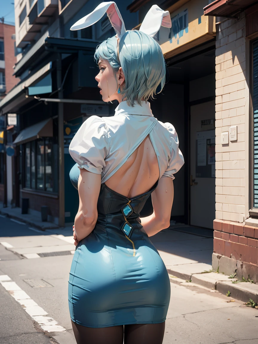 Beautiful woman is shown to have a athletic figure, she is wearing a beautiful nsfw dress, (aafranziska, light blue hair:1.5), ascot, (topless, nsfw, exposed breasts), puffy sleeves, pencil skirt, pantyhose, black gloves, jewelry, earrings, (black bunny ears:1.4), black lips, (tears, crying:1.4), girl standing in street, (looking down:1.4), sexy session, (arms behind back:1.7), exposed cleavage, (abs), cowboy shot, superior quality, many details, realistic