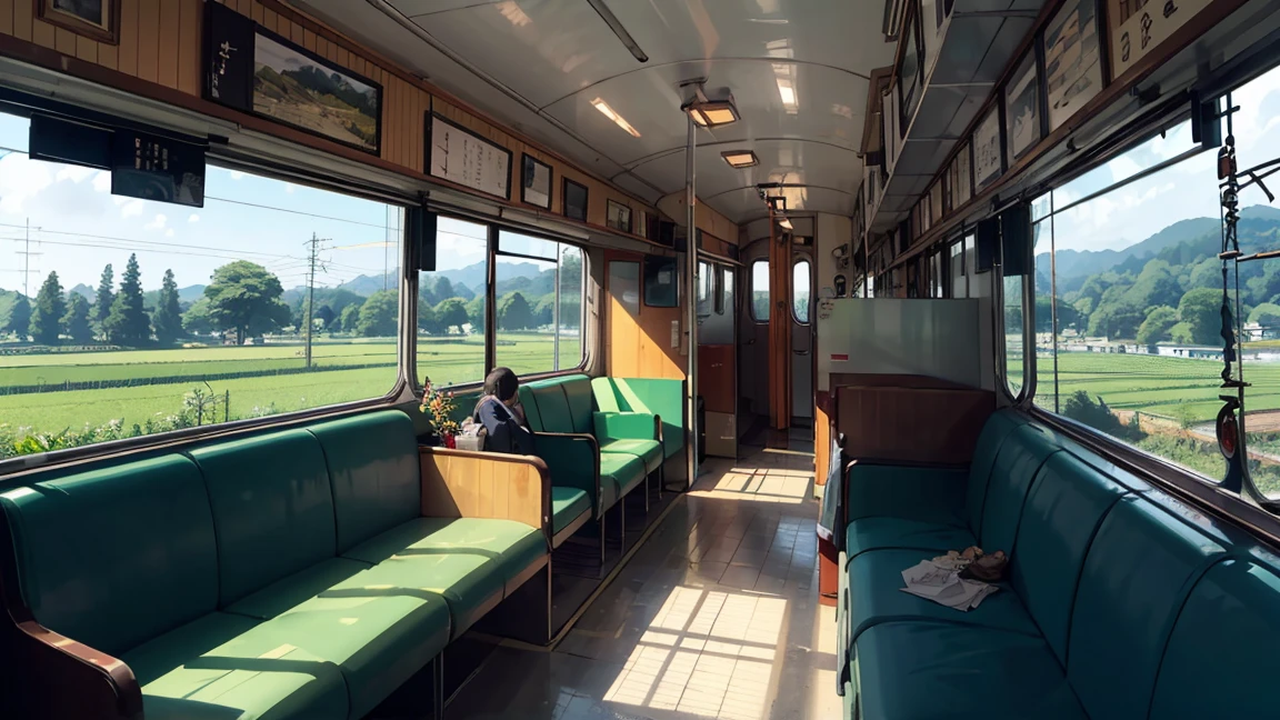 Wide angle,Inside a long-used train in Japan, ((decadent countryside)), no people, ((nostalgic rural scenery ))from the train window. Memories come back to life, evening time, green-blue-orange,(Hanging strap)