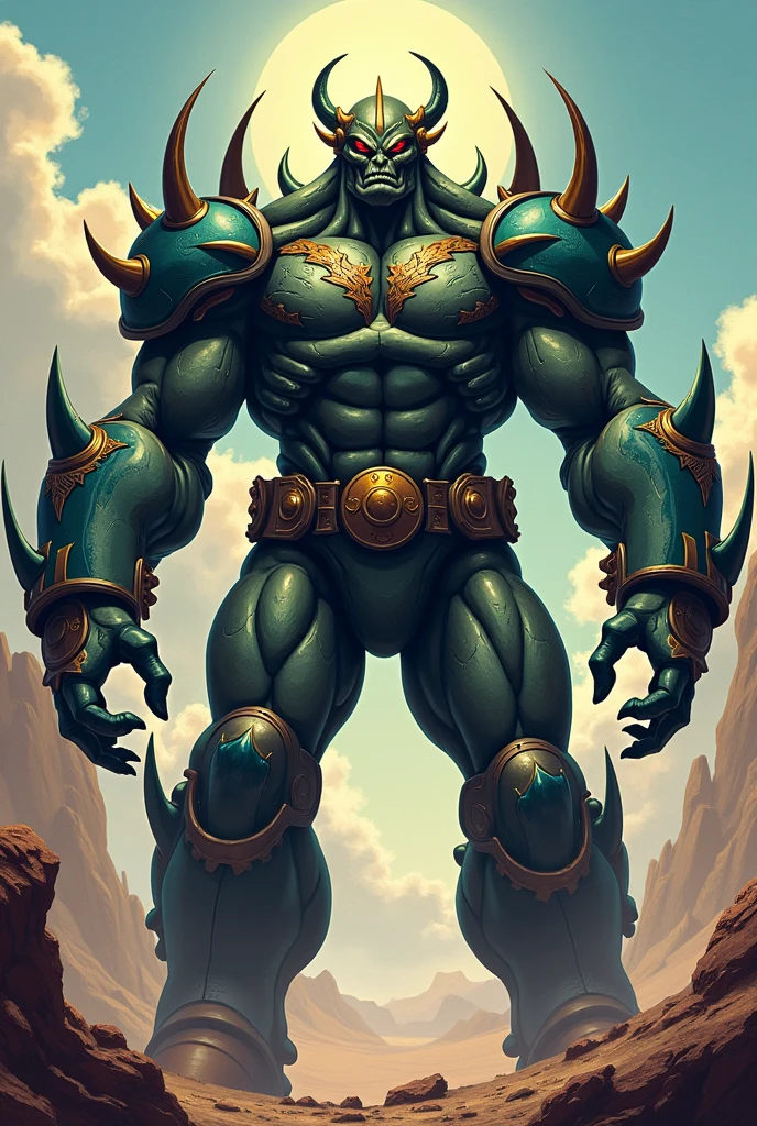 Image: A colossal Titan fills the scene with his intimidating presence. His immense and powerful musculature dominates the frame, emanating strength and determination. Her intense green skin contrasts with the gloomy surroundings.

The Titan is positioned centrally in the image, framed in an imposing manner. His majestic figure is displayed in all its glory, with defined and prominent muscles. His fierce eyes reflect his intensity and purpose.

The Titan's head, with a crest of wild hair, is shaped like an imposing eagle. Its features are striking, with a defiant expression and powerful curved horns. The Titan has robust hands and sharp claws, ready to take on any challenge.

The scenery around the Titan is a destroyed and desolate landscape. Debris and rubble of a ruined city are strewn across the environment, creating a powerful visual contrast to the towering figure of the Titan.

The dramatic lighting enhances the Titan's muscles, emphasizing its grandeur and power. The deep shadows add a touch of mystery and intensity to the scene.

Ensure that the Titan is completely framed in the image, without cuts that detract from its dominant presence. The composition of the image should highlight its magnitude and strength, conveying its impact and grandeur to the viewer.
