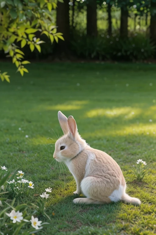 Create a calming and picturesque video of a rabbit sleeping peacefully in a beautiful garden. Begin with a wide shot of a lush, tranquil garden filled with vibrant, blooming flowers and soft, green grass. Gradually zoom in to reveal gentle sunlight filtering through the trees, casting a warm and soothing glow.

Transition to a close-up of the rabbit nestled comfortably on the soft grass, showcasing its relaxed posture. Include subtle movements like the rabbit’s gentle breathing or the soft rustle of flowers and grass in a light breeze. Capture the serene atmosphere with slow, smooth camera movements and soft, ambient sounds of nature, such as birds chirping and leaves rustling. Ensure the overall tone conveys calm and relaxation."

