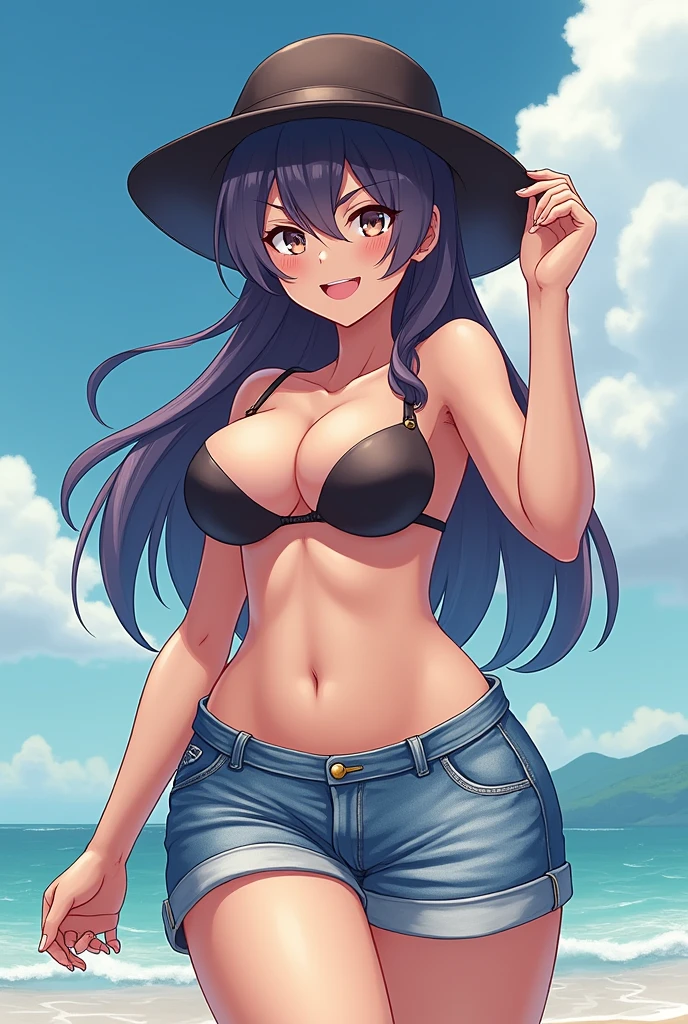Utage (arknights) wearing jean shorts and a ?????? top, big ?????, thicc, smug looking, wearing hat.