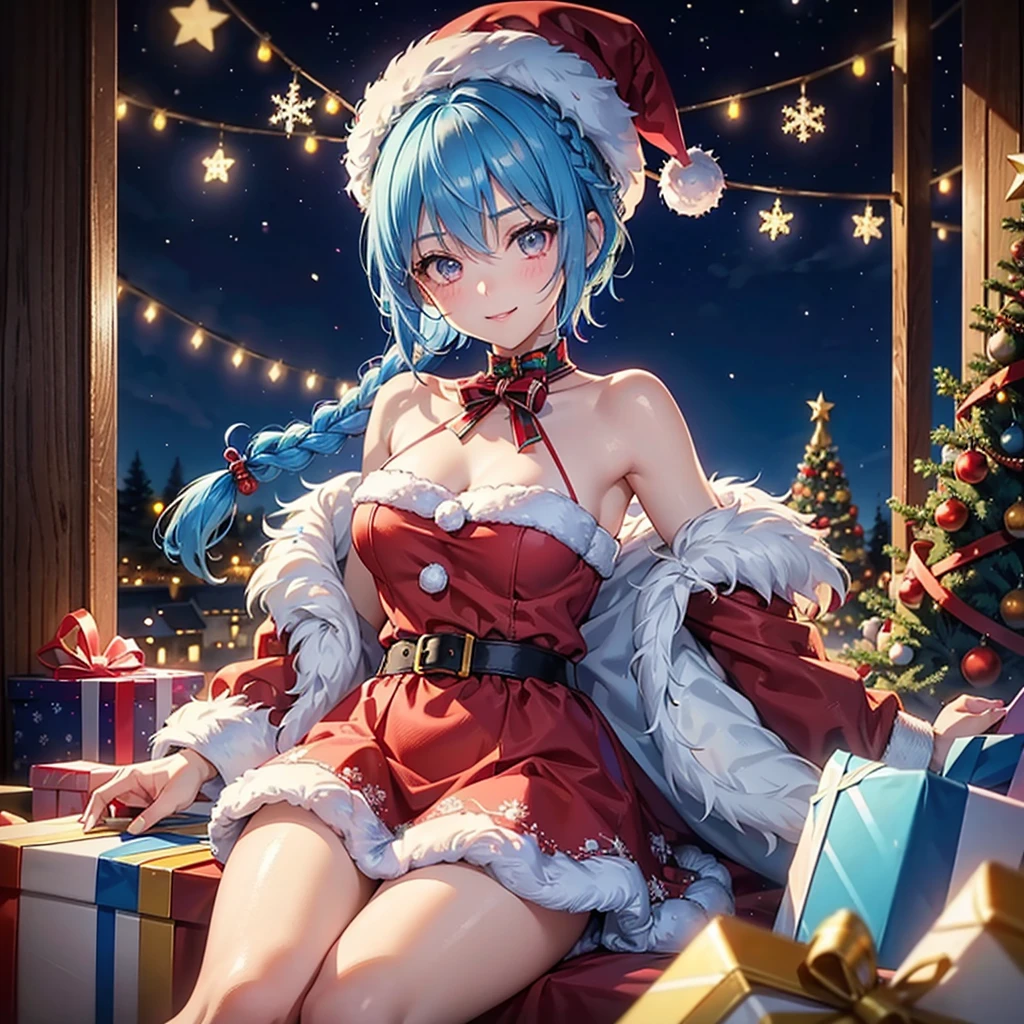 (Sky blue hair),(Braided short hair), (Pink Eyes),Fair skin) ,(whole body),(One Girl),(Gift boxes filling the background),(Santa Claus clothes),(Cute smile),Santa Claus hat,(Christmas Party),(masterpiece, Highest quality, Very detailed, Best Shadow), (Detailed Background), (Beautifully detailed face), High Contrast, (Best lighting, Very delicate and beautiful), ((Cinematic Light)), Hyper Detail,8k, Dramatic Light, Intricate details,night,Christmas tree