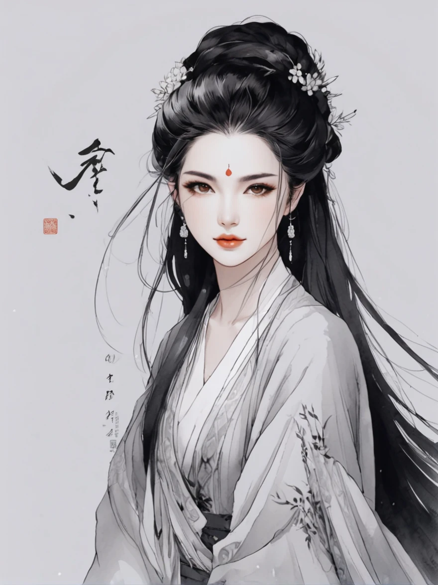 Ink painting style,Ancient beauty has a beautiful face,Long hair,The whole painting is a close-up high-definition photo of the upper body of the person,Solid color background,Clean background