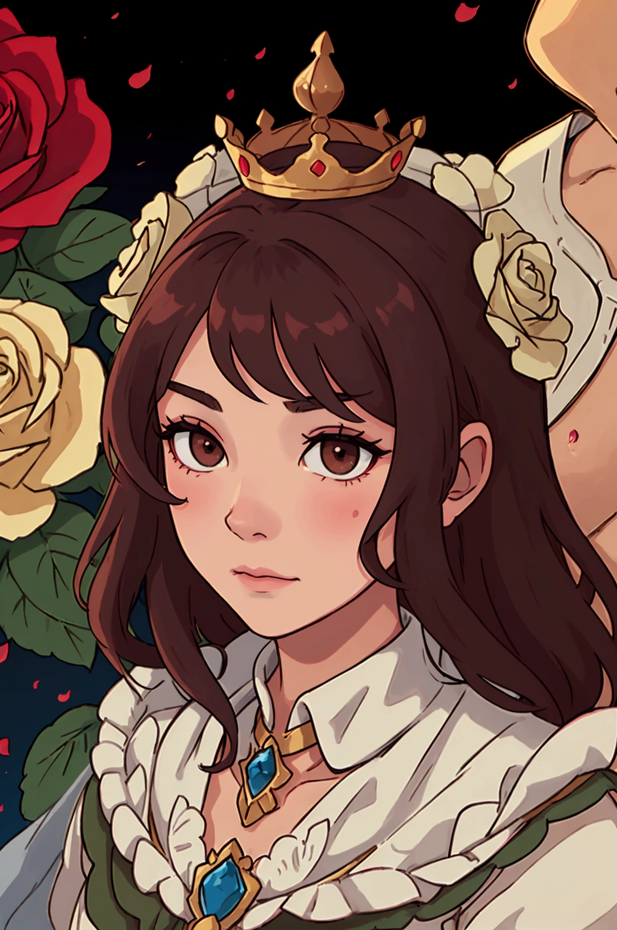 Fair skin, brown wide eyes, veiled with her husband, a crown of roses, a garden 