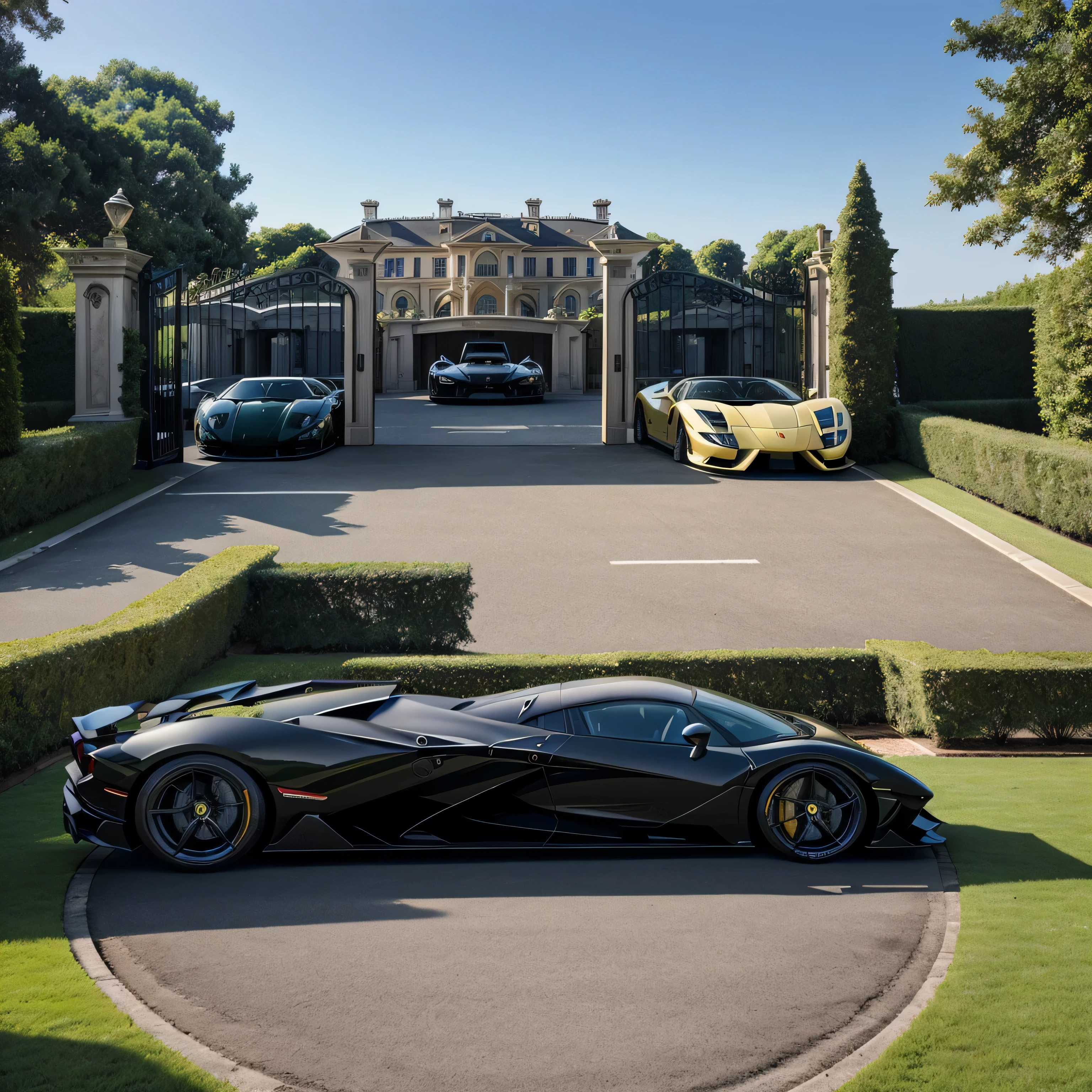 A mansion with huge gate , Godzilla fountain, car garage in both sides with Lamborghini, buggati, Ferrari, pagani, Koenigsegg cars.