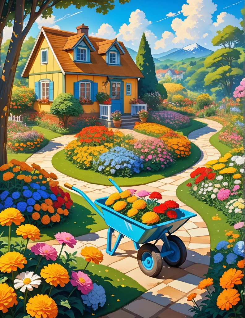 a garden with a wheelbarrow full of flowers, marigold background, garden with flowers background, with colorful flowers and plants, beautiful isometric garden, background of flowery hill, garden background, royal garden background, garden with flowers, background art, sunny day background, cottagecore flower garden, house background, garden landscape, flower garden, home and garden, 4k hd,, beautiful art uhd 4 k, a beautiful artwork illustration, beautiful digital painting, highly detailed digital painting, beautiful digital artwork, detailed painting 4 k, very detailed digital painting, rich picturesque colors, gorgeous digital painting