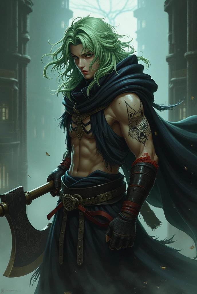 Nam Kimetsu yaiba, light green hair, Black Cloak, Wolf head tattoo with cut on right arm, dùng Rìu chiến