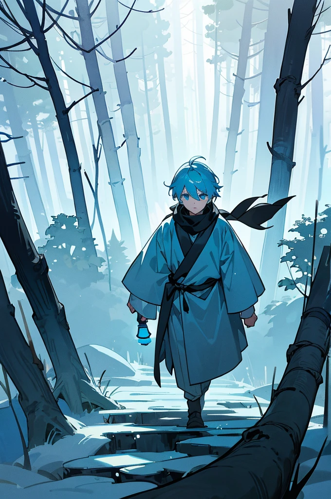 Walking through a forest shrouded in white mist、With short, light blue hair、holding a lantern in one hand、The back of a boy wearing a black scarf