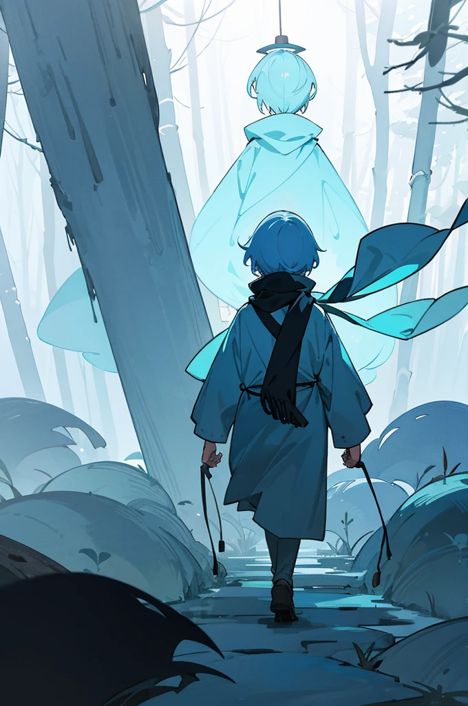 Walking through a forest shrouded in white mist、With short, light blue hair、holding a lantern in one hand、The back of a boy wearing a black scarf