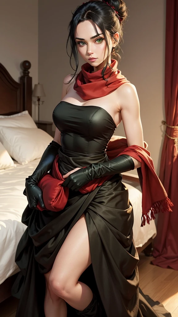 fullbody view, female, intense green eyes, black hair tied to a bun, strapless full dress, red scarf around her neck, long silk gloves, a fabric is wrapped around her waist, she holds a bed pillow in her hands