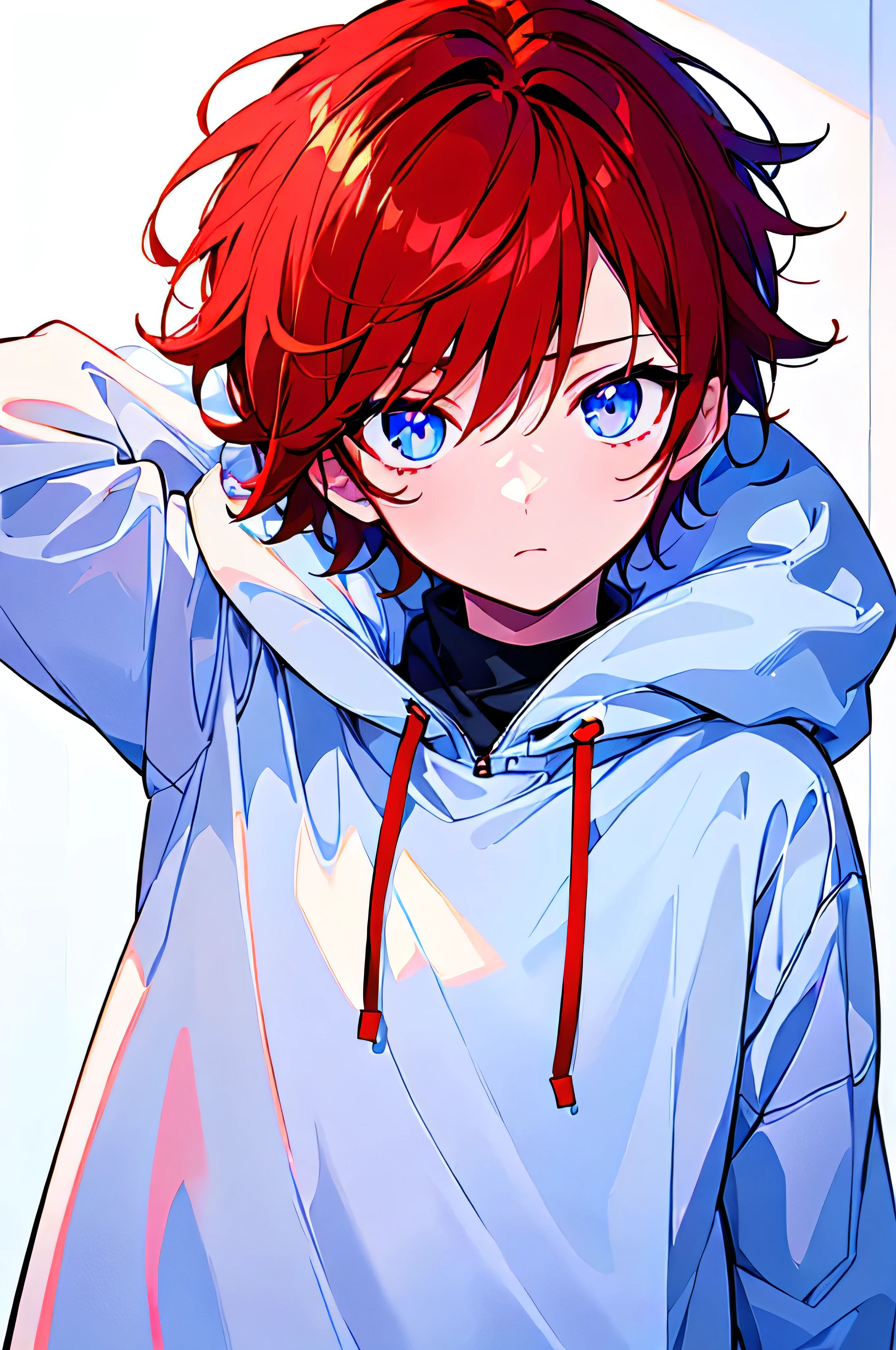 [(WHITE BACKGROUND:1.5),::5], ((((masterpiece)))), high quality, ultra_very_high_resolution, large_filesize, full color, (((solo))), ((little boy)), ((red color short hair)), blue eyes, anime, upper body, neon light, black parka, upperbody,