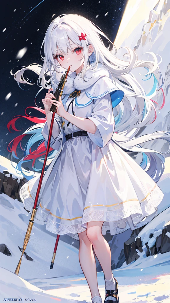 8K,masterpiece,perfect face, bright coloured,detailed,best quality,girl,white hair,long hair,red eyes,beautiful eyes,wearing a white dress,holding a flute,standing on top of a snow mountain,in a snowstorm while playing the flute