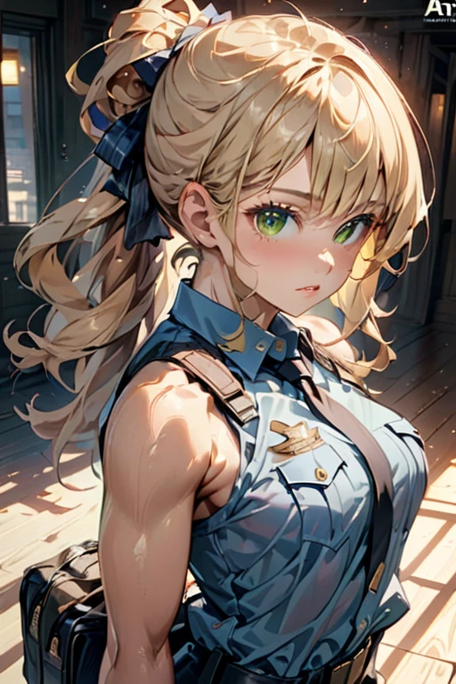 college woman; 
Athletic and toned physique; naturally attractive with delicate features; long, wavy blonde hair often tied back; striking green eyes; fair skin with a light tan; best quality; soft blur background; trending on artstation; complex volumetric lighting; strong shadows; artistic lighting; dynamic; energetic vibe; realistic skin; specular highlights; micro-textures; highly detailed hair; police uniform