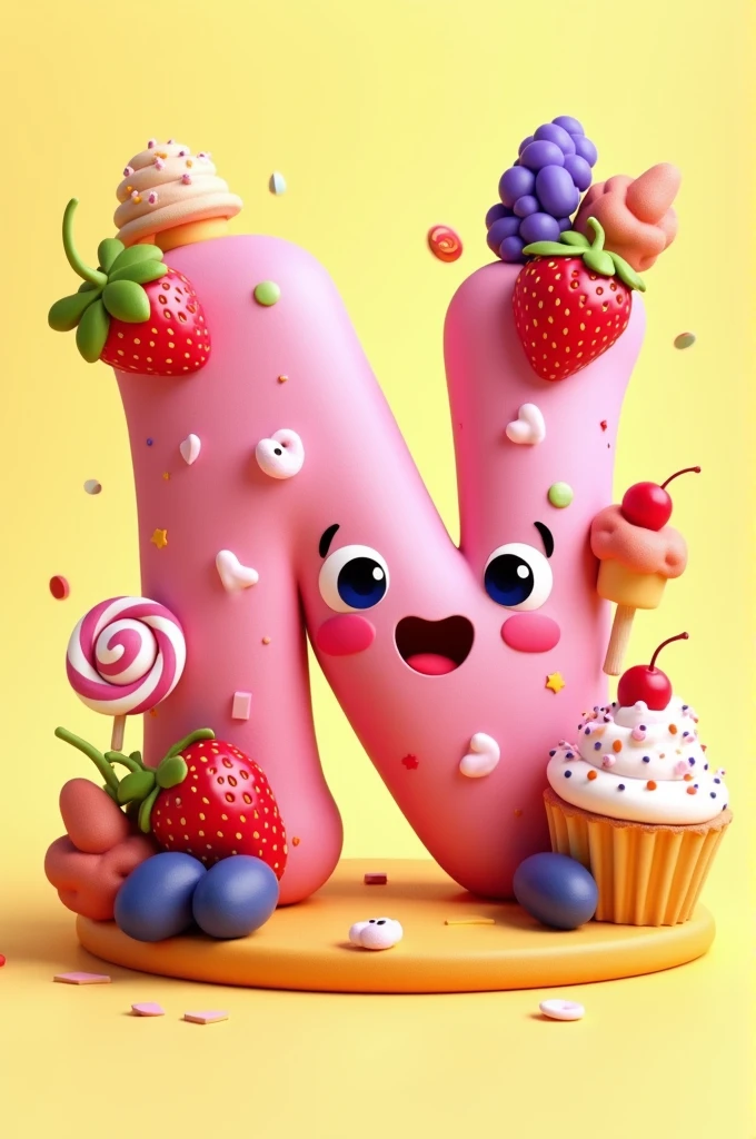 The letter N is designed in a cute style with fruits and sweets as decorations.