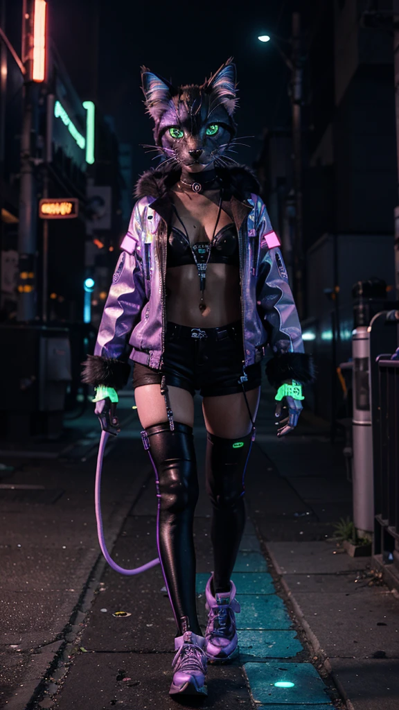 Design a cyberpunk cat with neon fur and digital eyes that can change color to suit his mood.. This cat should have mechanical elements such as holographic legs and small antennas on its ears.."