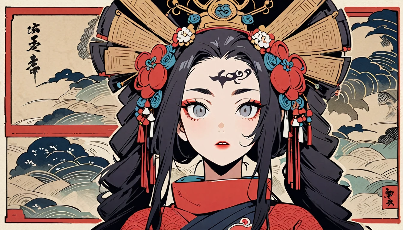 Ink painting, (((1 Ninja Girl))), (((Tattoo in the middle of the forehead))),(((In the background is the Akatsuki moon))), (((Oiran))), (((Great hair accessories))), Japanese style headphones, Demon possession, (((Grey eyes with engraving inside))),Face up close, Japanese beauty, White hair, Sensitive and precise, Modern Ukiyo-e style, Highest quality, katsushika hokusai, (((Elements of horror))), beautiful girl, Sensitive and precise, Modern Ukiyo-e style, Cyberpunk city,