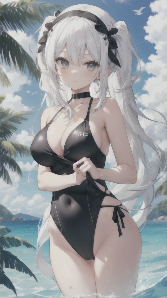 black and white hair，swimsuit