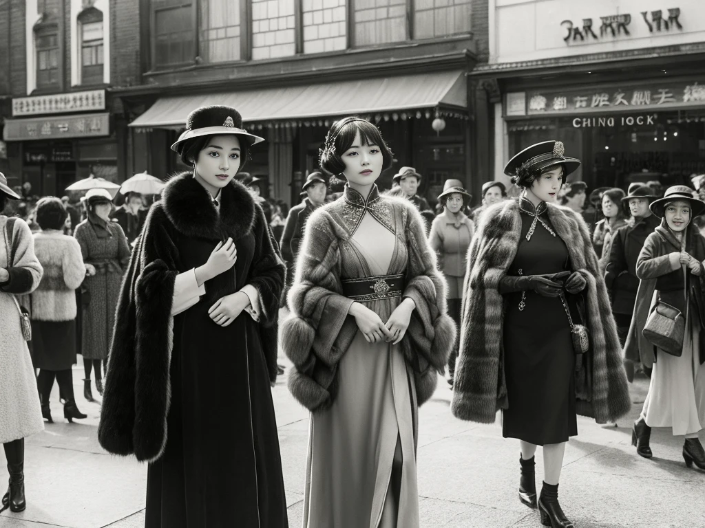Chinese women in the 1920s、chinese dresses、watching a fur cape、(((department store)))、Fur coat。