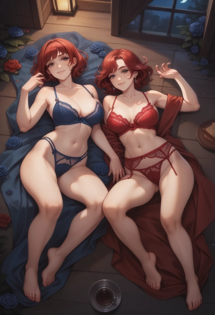 (highest quality, masterpiece:), ultra-high resolution, two women in s lying side by side, night, in the pub, Japanese model, young and beautiful gravure idol, full body, tight, wearing a blue flower race lingerie, red flower race lingerie, high leg, large breasts, bangs, wavy long hair, short bob cut hair, earrings, beauty, victory smile, mature woman, please face forward and look at the camera