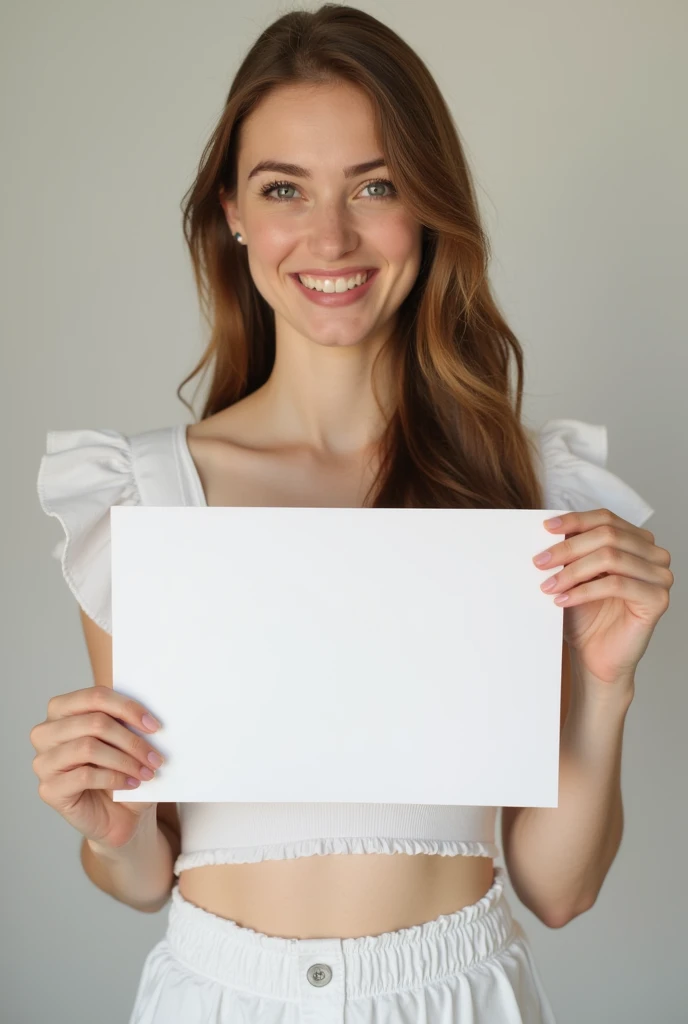 A young lady holding a plain white borad