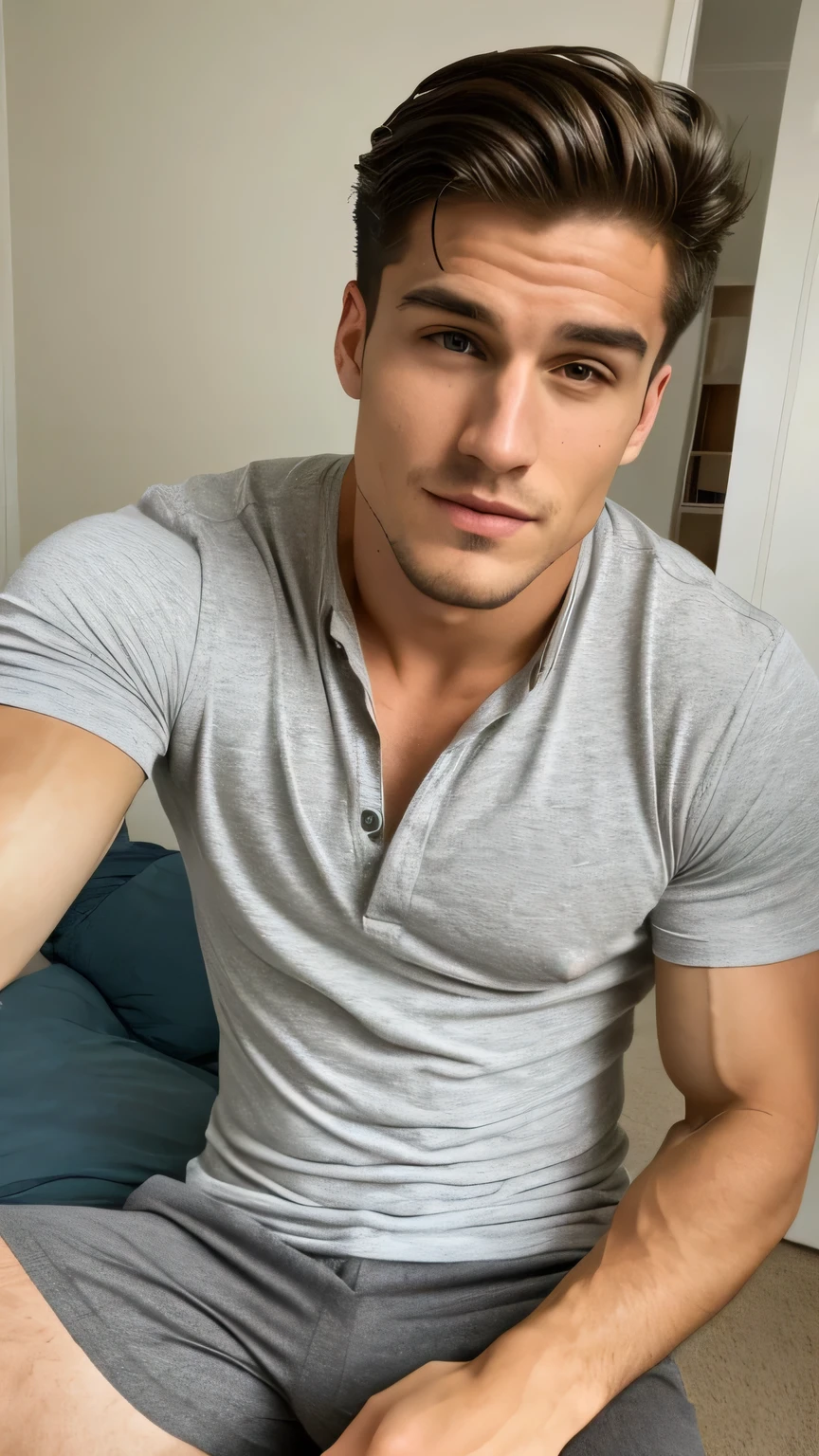 Full body shot of a man with chiseled jaw and chest, Muscular biceps, model, Beautiful face, Top to bottom、Selfie、Wearing a plain shirt。