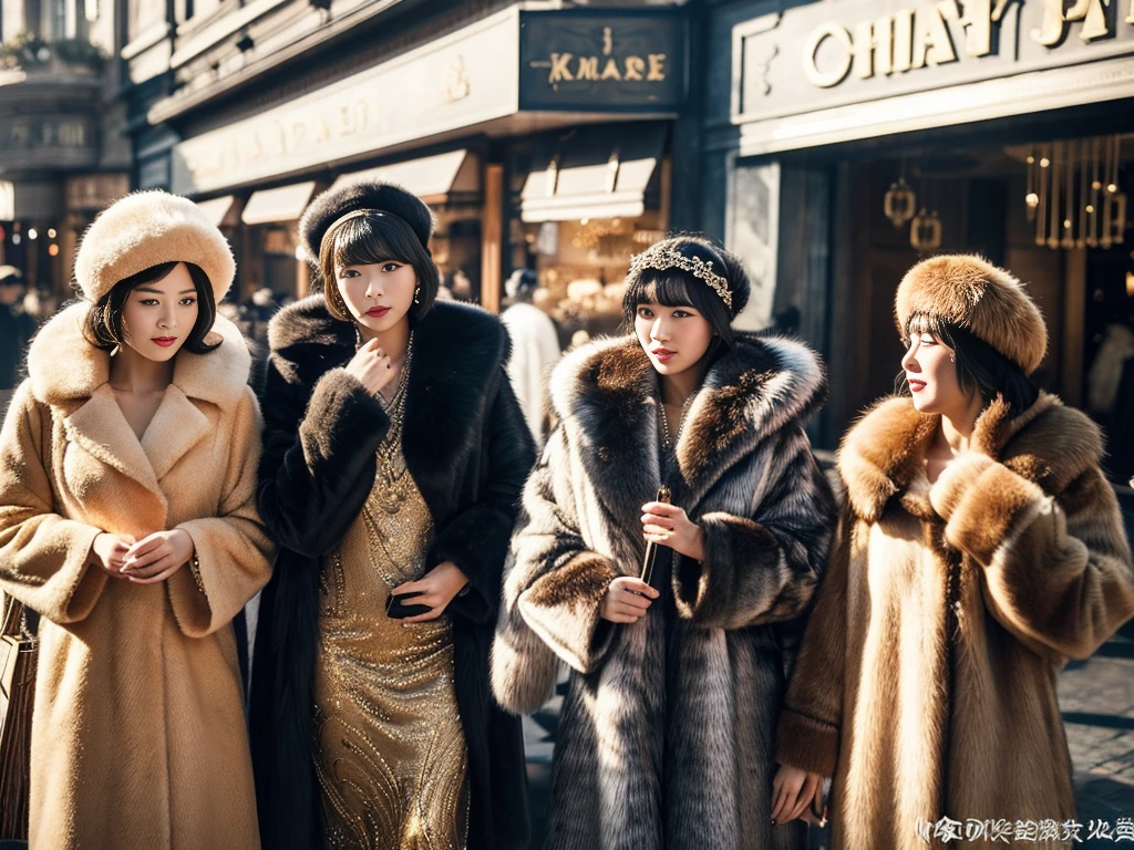 Chinese women in the 1920s、chinese dresses、watching a fur cape、(((department store)))、Fur coat。