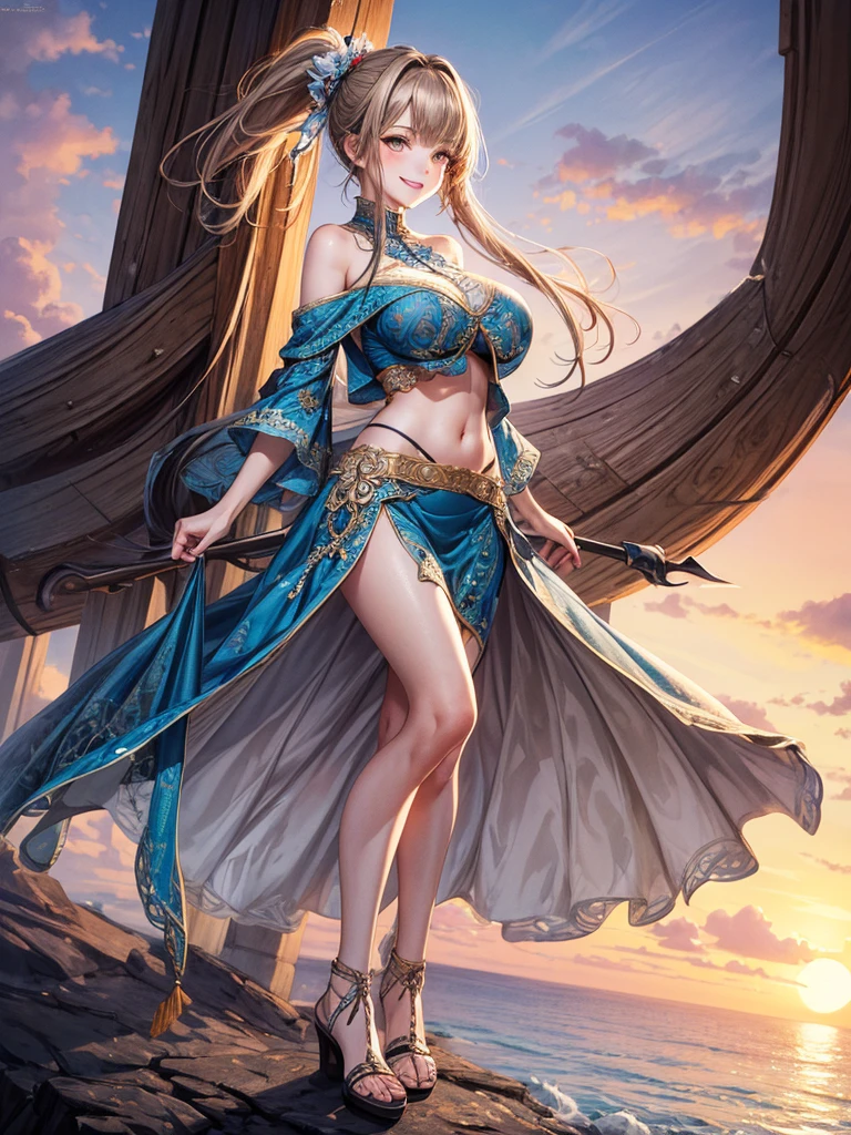 masterpiece, best quality, ultra-detailed, illustration, beautiful detailed eyes, 1girl, light brown hair, (full body), ponytail hair, (detailed sunrise scenery), sun, off shoulder dress, ((intricate dress)), midriff, big breast, smile, more prism, vibrant color, crop shirt underboob, crop top,