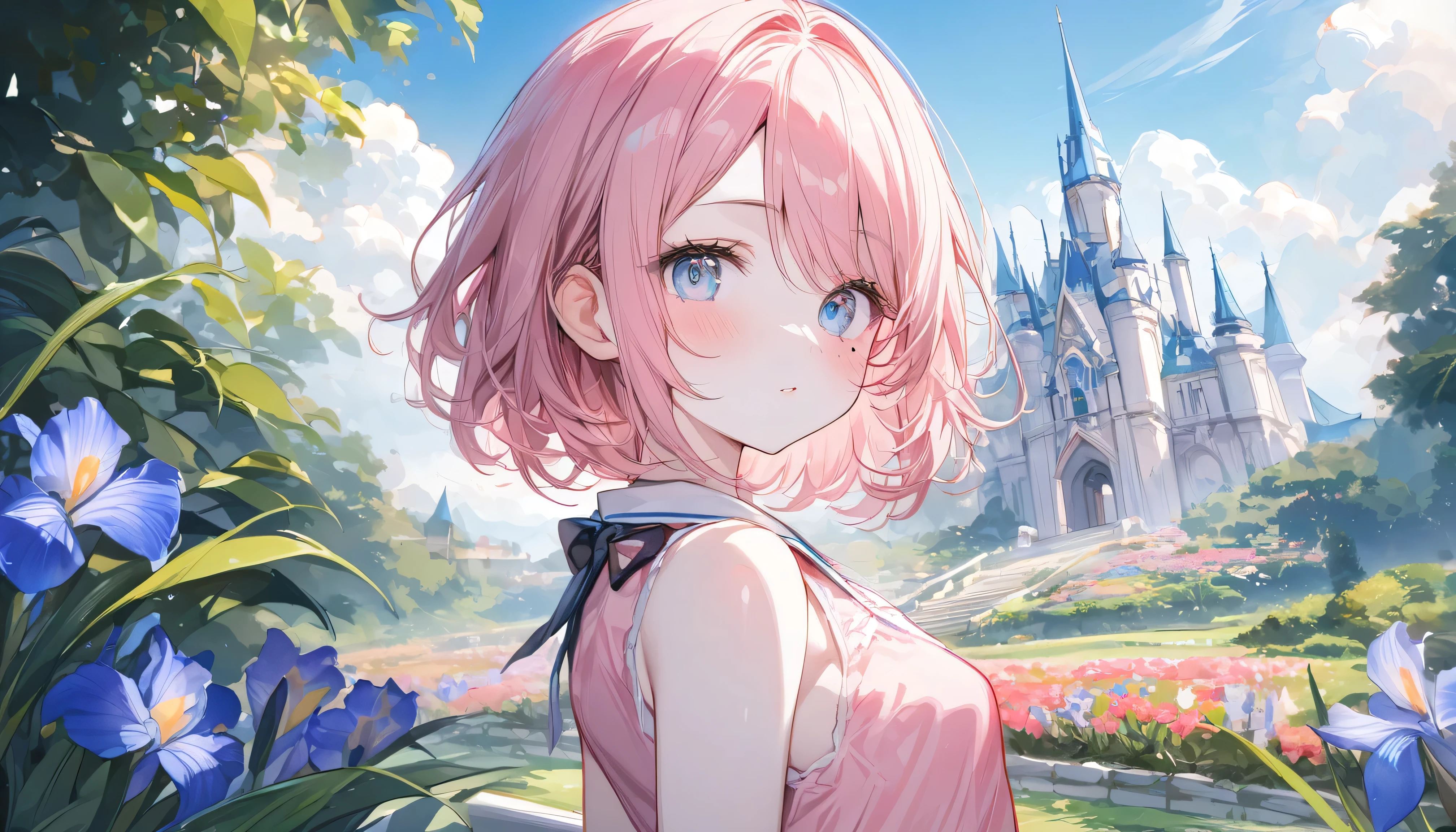 (1 girl),(Best Picture Quality, 8K, Masterpiece:1.3),(watercolor style), (soft blending:1.2), fluid colors, dreamy washes, delicate textures, organic shapes, atmospheric depth, (high school student:1.5), ((pink lob hair:1.1)), (bob cut),(swept bangs), (cute eyes, pupil black, iris skyblue, youthful face), (mole under right eye), (standard weight), (small breasts),(big hip), (glistening skin:1.1),(pale skin:1.2), BREAK cute pink dress, sleeveless, short skirt, BREAK fantasy pink castle, magical aura, lush green garden in foreground, blue sky with fluffy clouds, bright daylight BREAK (magnificent panorama view:1.3), looking at viewer,