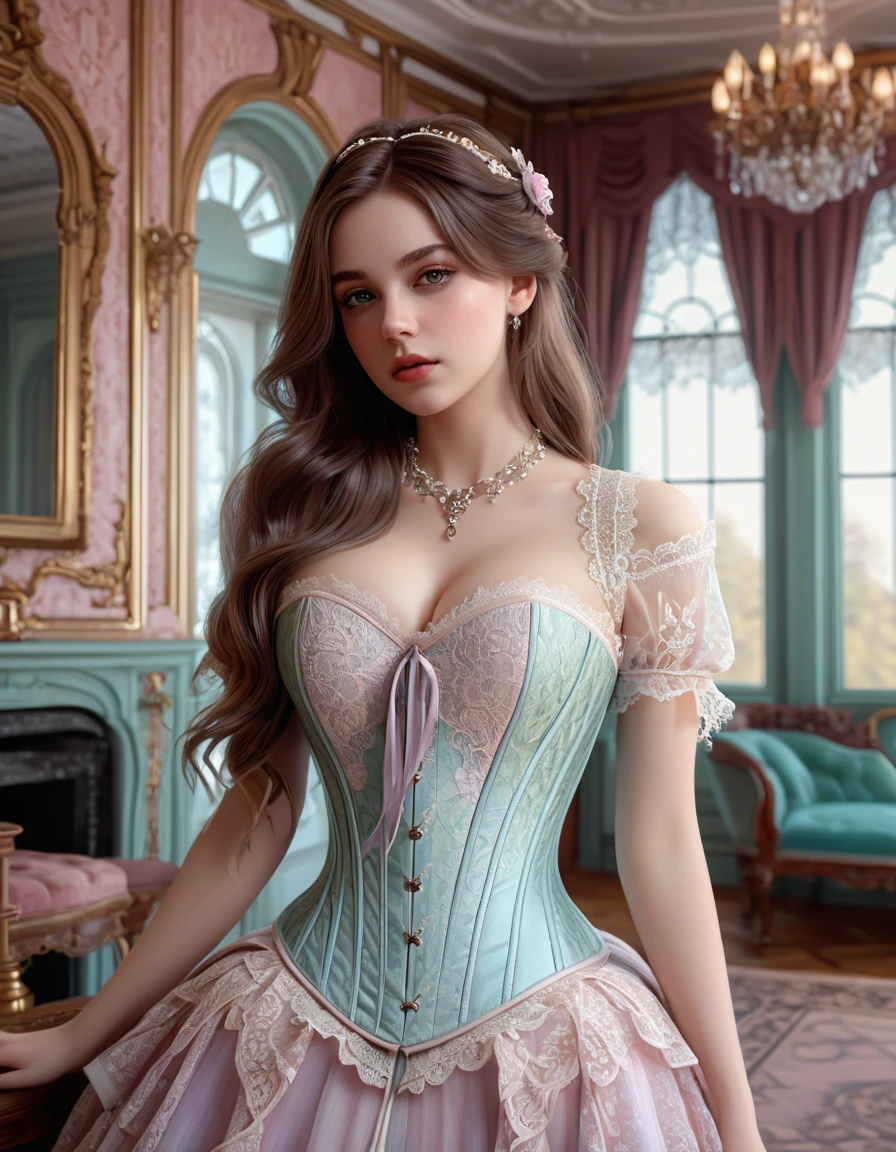 Realistic, (masterpiece:1.4, best quality), (intricate details), unity 8k wallpaper, ultra-detailed, (pastel colors:1.3), (lace) and corset, beautiful and aesthetic, 1girl, with long brown hair,detailed, solo, Victorian mansion