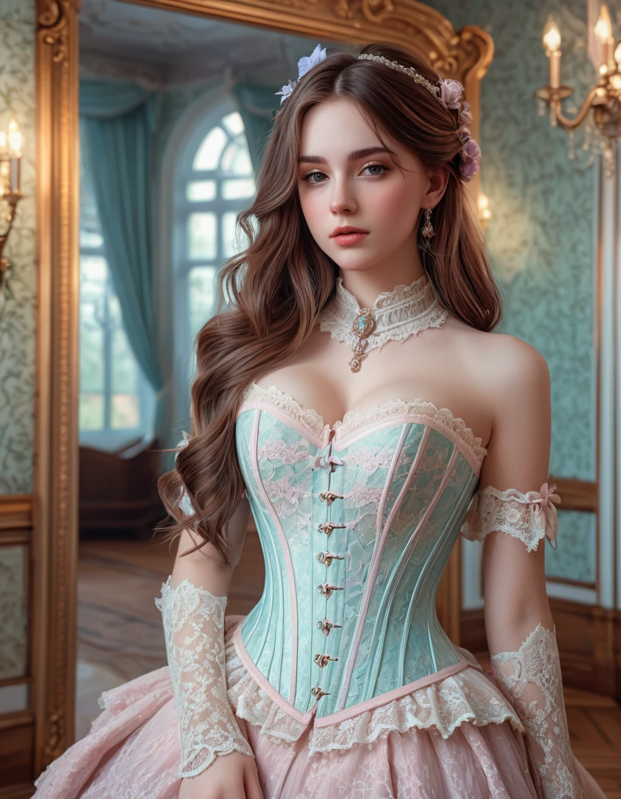 Realistic, (masterpiece:1.4, best quality), (intricate details), unity 8k wallpaper, ultra-detailed, (pastel colors:1.3), (lace) and corset, beautiful and aesthetic, 1girl, with long brown hair,detailed, solo, Victorian mansion