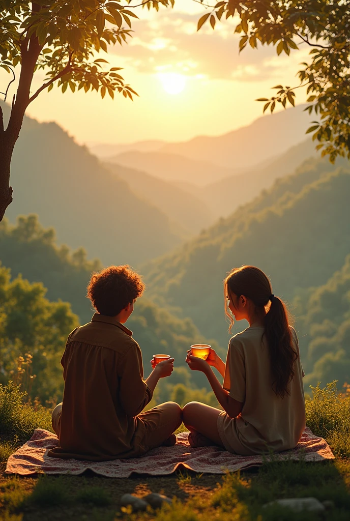 Two people having tea in a beautiful landscape and listening to music