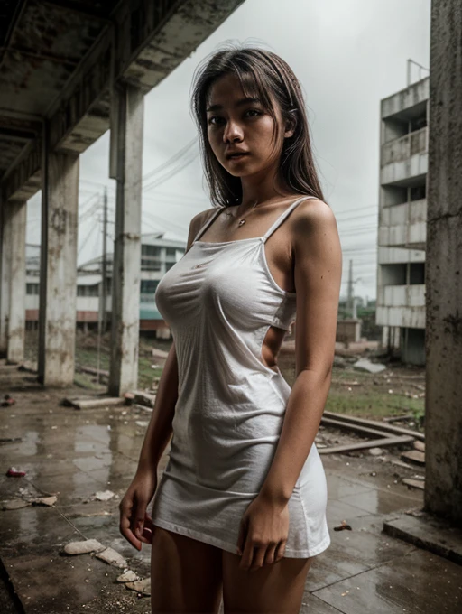 18 years old indonesian girl , big breast , wearing white short dress standing at the abandoned building , gloomy vibe , soft focus, depth of field, 8k photo, HDR, professional lighting, taken with Canon EOS R5, 75mm lens