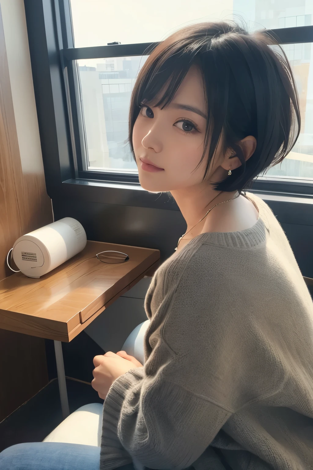 A woman with short black hair sitting by a window a short distance away。Looking at this。