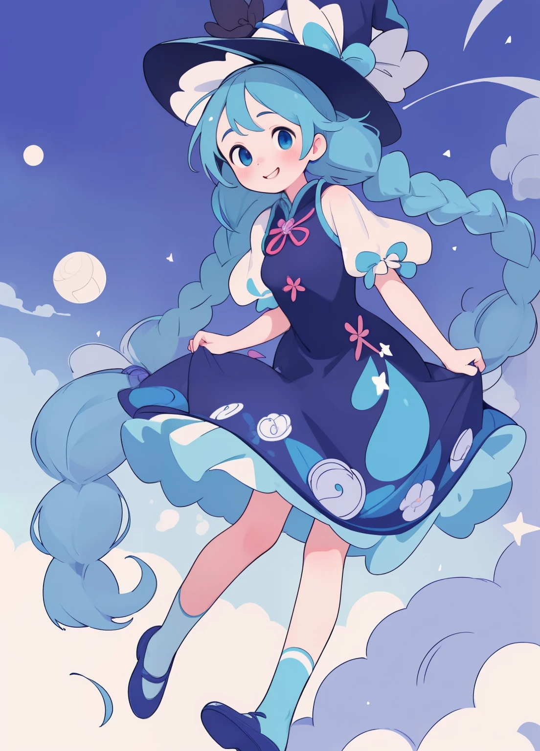 (masterpiece、Highest quality、Highest quality、Official Art、Beautiful and beautiful:1.2)、(One girl:1.3)Hatsune Miku、Twin tails,Beautiful breasts, Katsushika Hokusai,（Full body photo），Fluorescent background，（Witch 1 person，Flash Fluorescence，hat，Transparent tulle Chinese dress，A delicate tiara，smile），（Paper Art，Quilted Paper Art，geometry），（Many colors，The best quality at its best，High detail，masterpiece，Cinematic lighting effects，4K，Light and dark contrast），Blue sheer tulle dress，Braid，Red knee-length socks，Luminous Totem，blue eyes，Blue hair and large breasts，長いBraid，