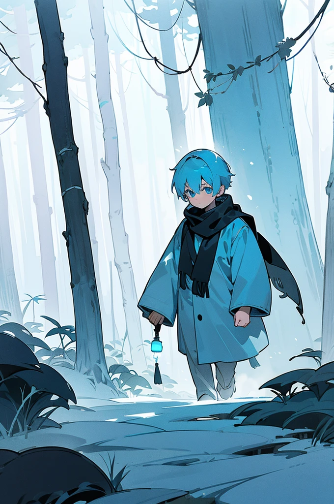 Walking through a forest shrouded in white mist、With short, light blue hair、holding a lantern in one hand、A boy wearing a black scarf