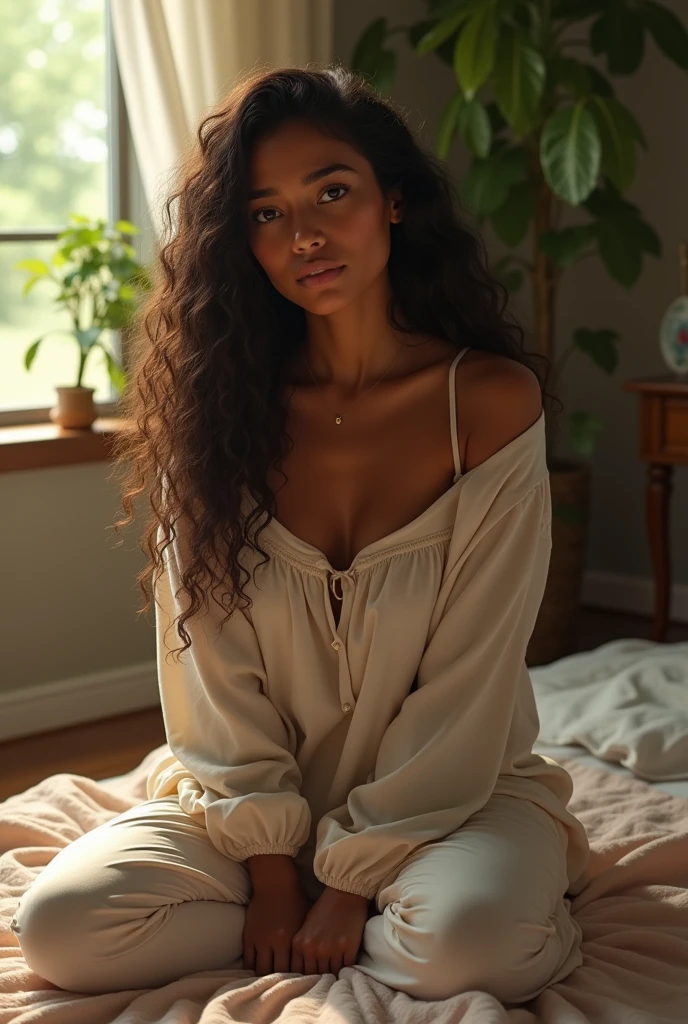 (photorealism:1.2), a beautiful Papua New Guinean woman, sitting on bed, wearing loose off-shoulder top, pajama pants, long curly hair, indoors, soft lighting, plants in background, window with sunlight, cozy room, relaxed pose, realistic, intricate details, warm colors, by Greg Rutkowski, by Alphonse Mucha