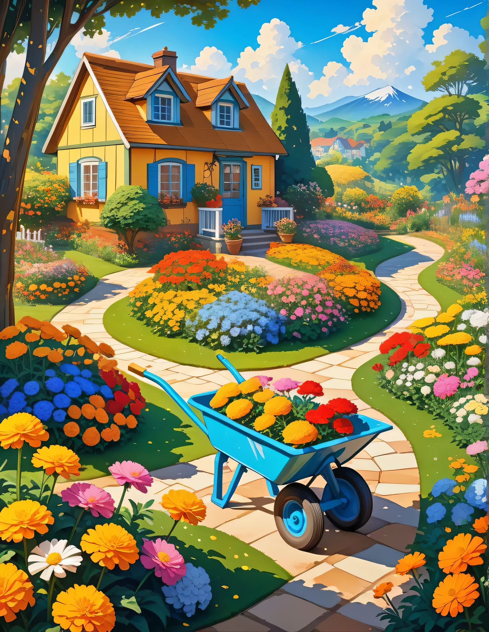 a garden with a wheelbarrow full of flowers, marigold background, garden with flowers background, with colorful flowers and plants, beautiful isometric garden, background of flowery hill, garden background, royal garden background, garden with flowers, background art, sunny day background, cottagecore flower garden, house background, garden landscape, flower garden, home and garden, 4k hd,, beautiful art uhd 4 k, a beautiful artwork illustration, beautiful digital painting, highly detailed digital painting, beautiful digital artwork, detailed painting 4 k, very detailed digital painting, rich picturesque colors, gorgeous digital painting