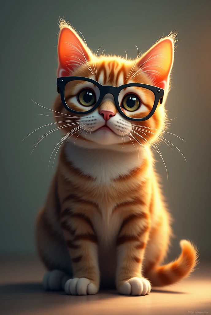 A cat is sitting in eye glasses and different kinds of light are shining on its ears and glasses.