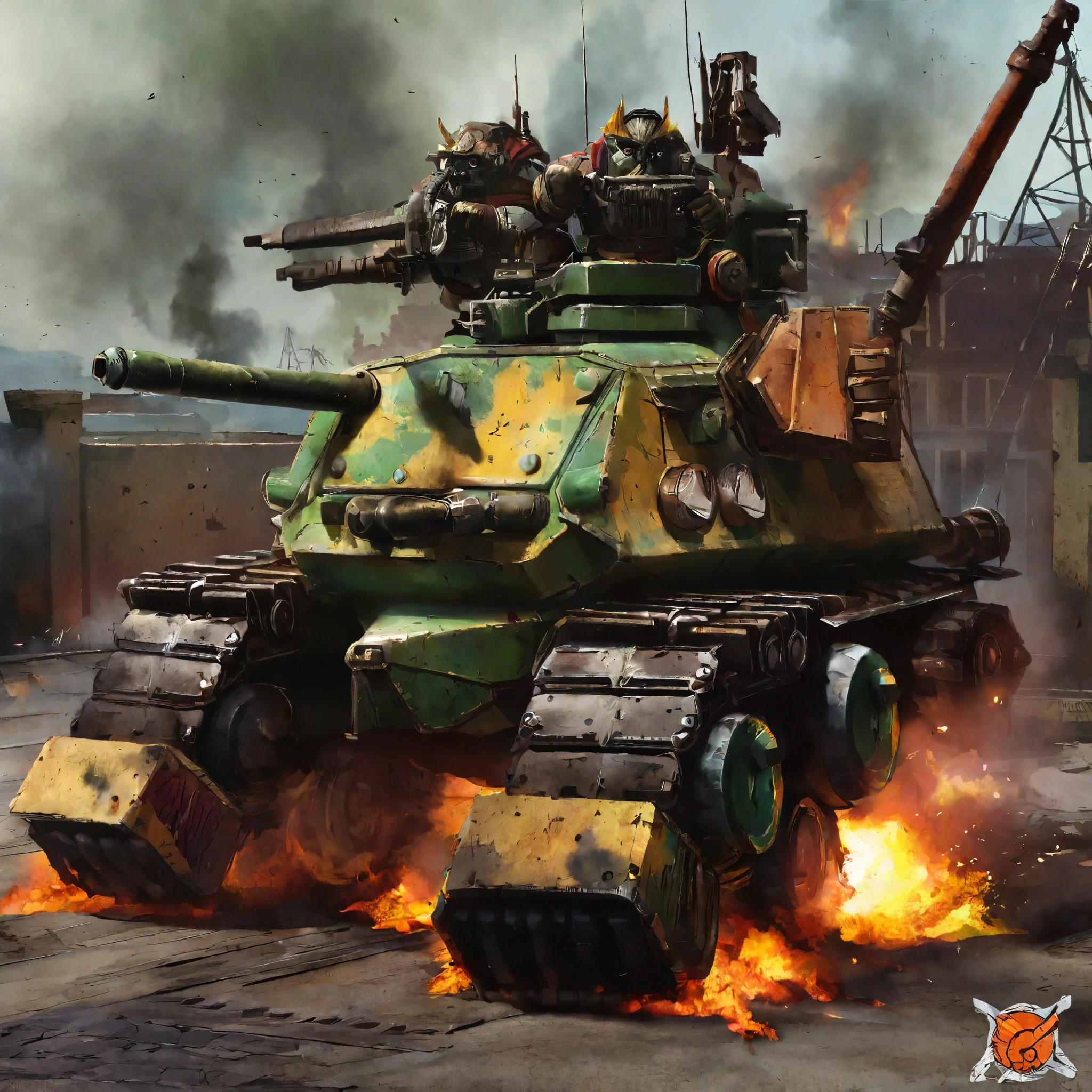 a heavily armored Ork tank, scrap metal, made of junk, insane paint job, 2 huge turrets, flames shooting out exhaust, painting of Mork, Warhammer 40k, post-apocalyptic, war-torn planet, dystopian, gritty, weathered, battle-scarred, weathered metal, battle-damaged, rust, grime, weathered, battle-worn, high detail, highly detailed, realistic, cinematic, dramatic lighting, moody, dark, intense, gritty, atmospheric