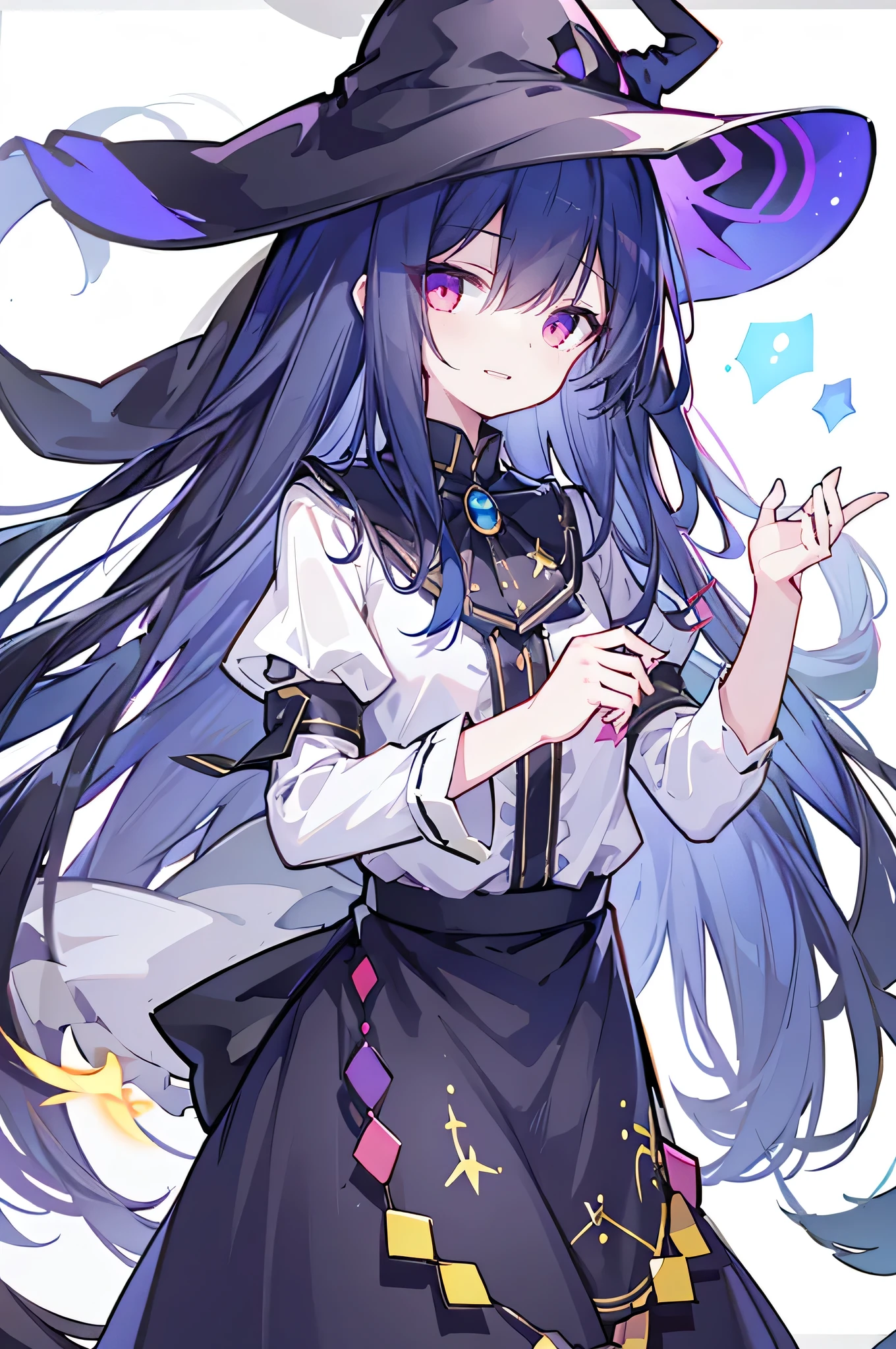 oung Girls,Humanity,A magician always smiles,big witch hat,cute,dark blue long hair,The eyes are dull,The bangs are heavy,Thin eyebrows,fantasy,intake,Double teeth,Star Theme,Constellation pattern,Solid color clothetal decoration,cloak,A bit of a dark atmosphere,A little crazy smile,When the big moon shines outside at night,blood,Hair black star embellishment,Short tie,No nails,High waist skirt,Bell sleeves,Long-sleeved shirt,Black tie,low risk,gentlemen。Mist、Yellow and white effect,Shocking pink as an accent color