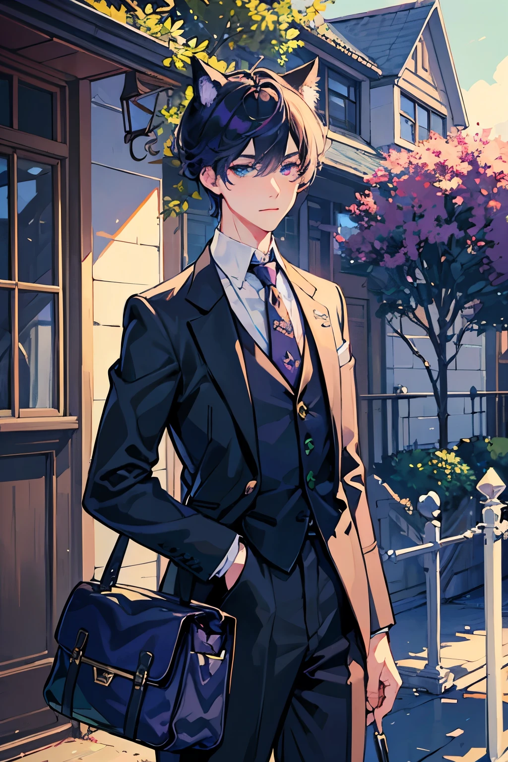 masterpiece, best quality, 1boy, male focus, handsome, residential area, fence, spindle trees, afternoon sun, the way home from school at the train station, uniform, seductive eyes with heterochromia left eye is bright purple right eye is bright green, perfect face, handsome man, from directly side, depth of field, stern look, seductive eyes with heterochromia left eye bis purple right eye is green, cat ears, eyes are colored green and indigo
